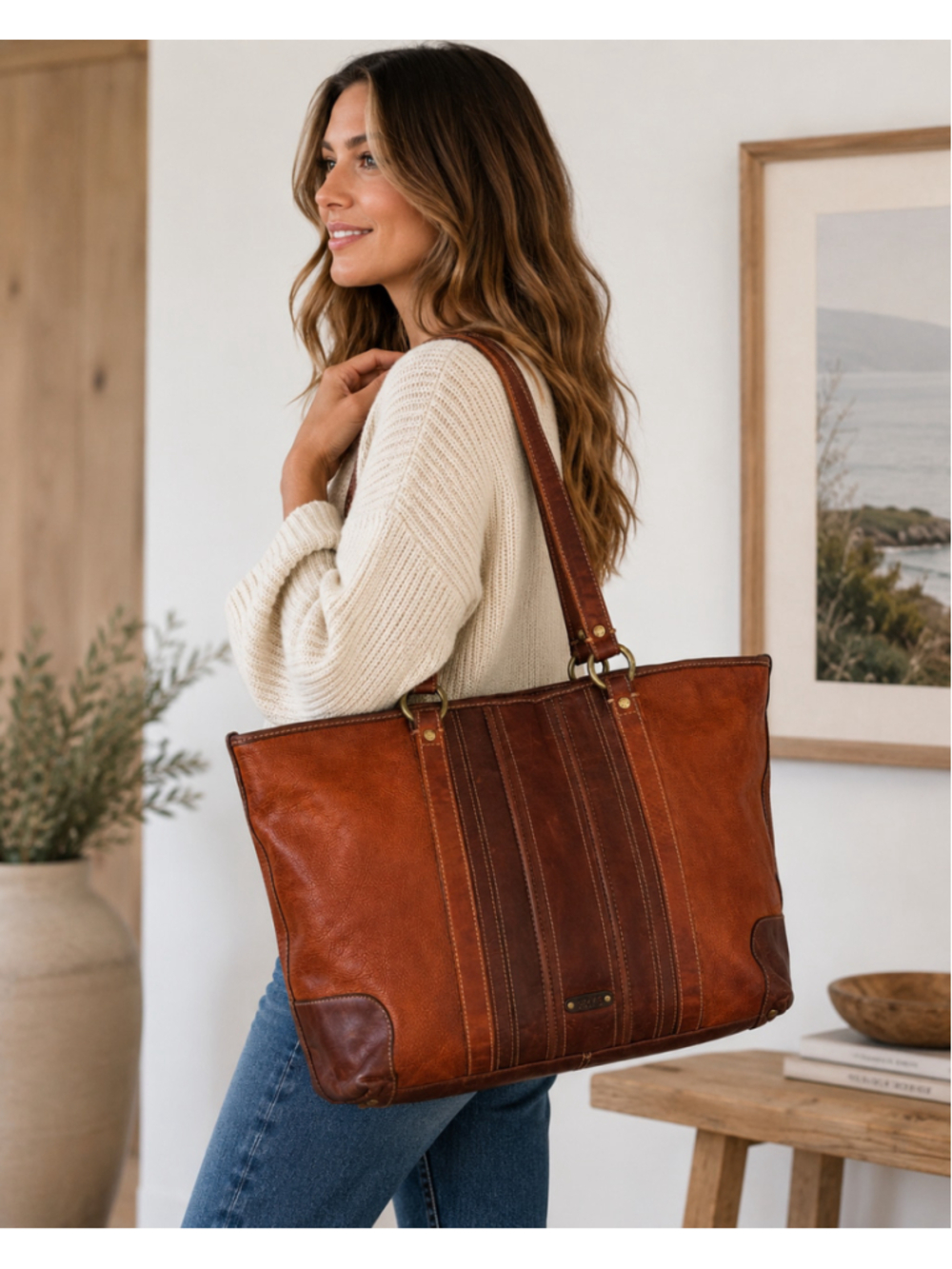 Vintage Frye Jane Brown Leather Tote Bag Large Two Tone Shoulder Bag Distressed